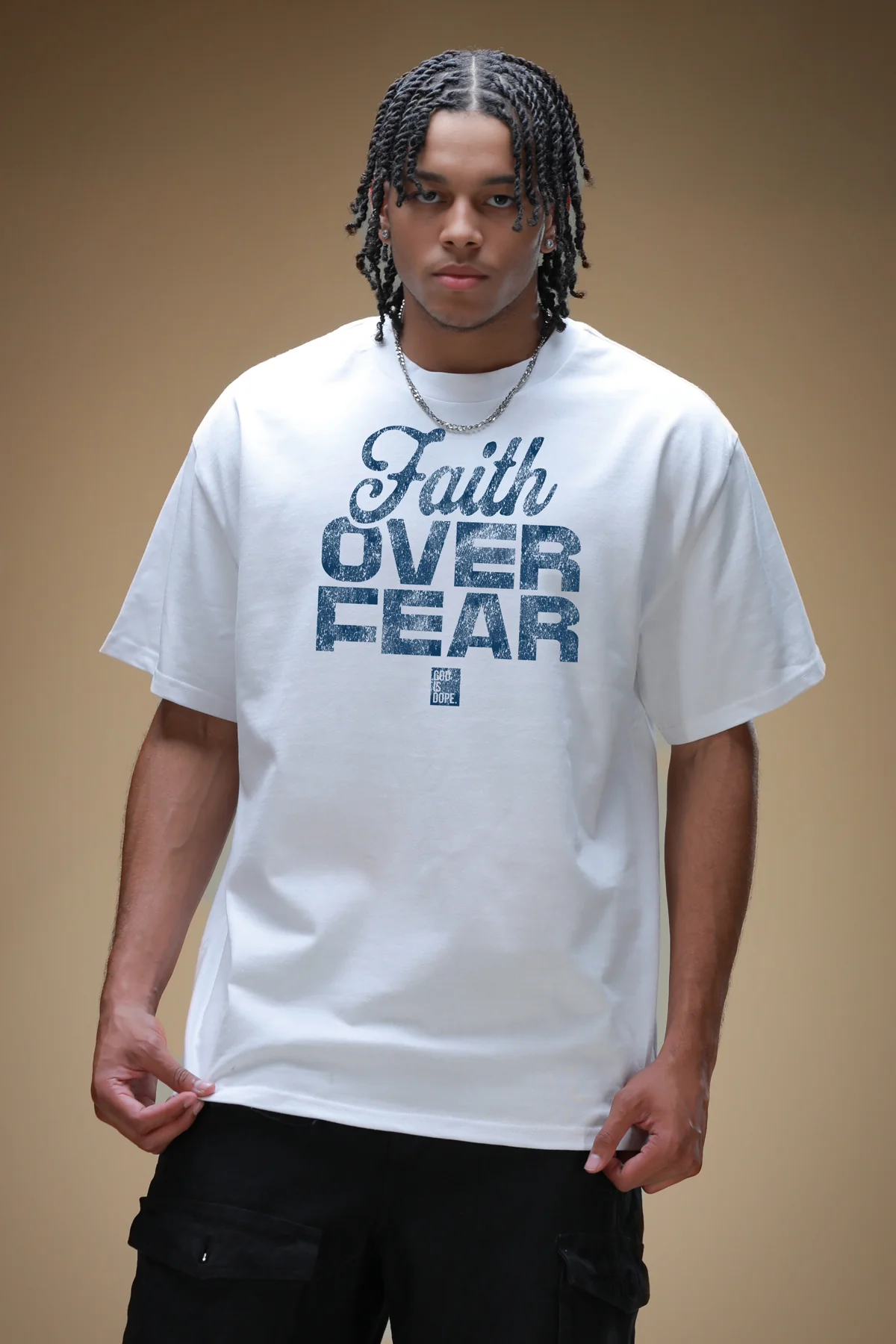Faith Over Fear Distressed Print Tee (White/Denim) - Image 2